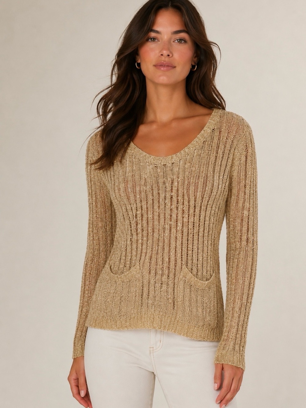 Kensie Mustard Open-Weave Scoop Neck Sweater SZ s